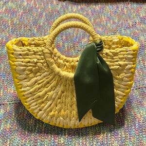 NWT a new day Lemon Woven Tote with Green silk ribbon